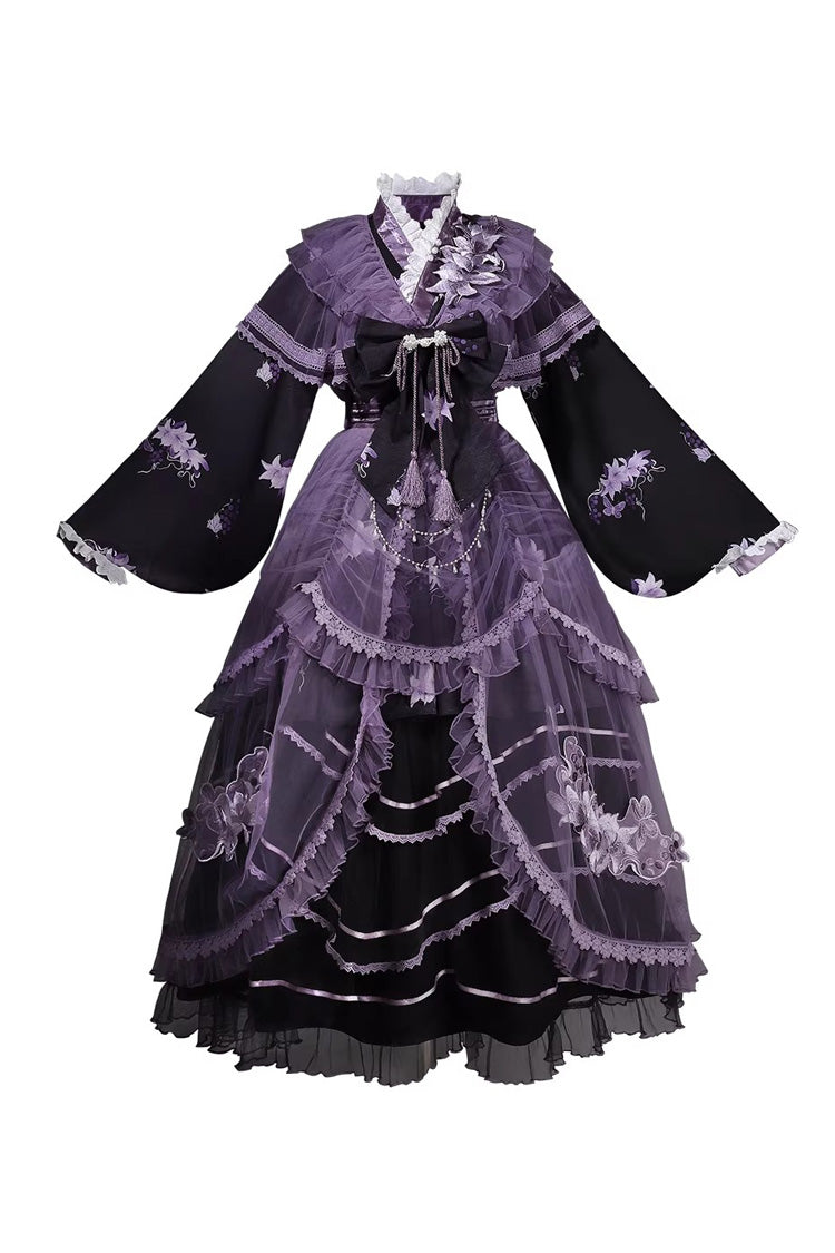 Purple [violet Gauze Lily] Stand Collar Long Sleeves Ruffled Embroidered Bow Classic Chinese Style Lolita Dress Set
