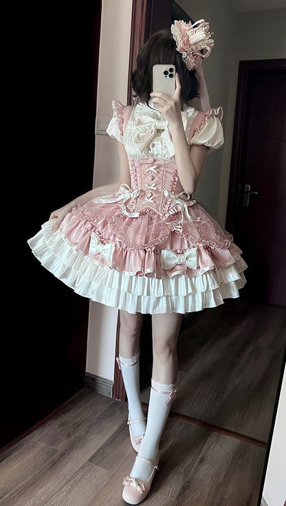 [order Deadline: May 12] Pink White Sweet Lolita Idol Ribbon Puff Sleeve Shirt + Corset Tulle Pull-up Jks Dress Set