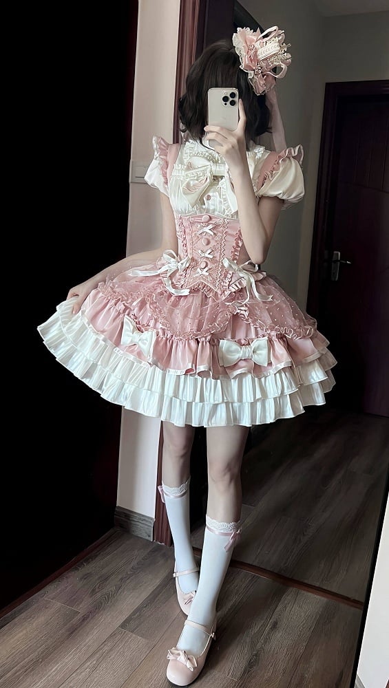 [order Deadline: May 12] Pink White Sweet Lolita Idol Ribbon Puff Sleeve Shirt + Corset Tulle Pull-up Jks Dress Set