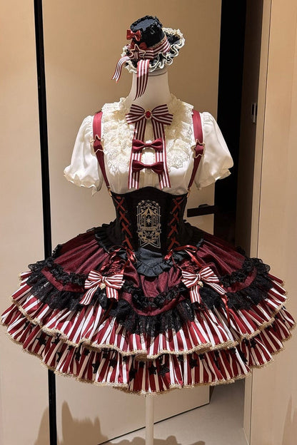[pre-order Deadline: May 20] Magical Girl Lolita Lace Puff Sleeve Shirt + Black X Red Ribbon Corset Tiered Dress + Mini Hat