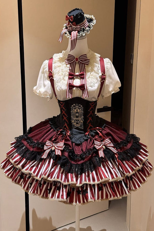 [pre-order Deadline: May 20] Magical Girl Lolita Lace Puff Sleeve Shirt + Black X Red Ribbon Corset Tiered Dress + Mini Hat