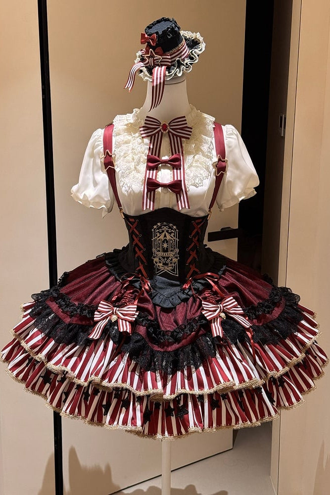 [pre-order Deadline: May 20] Magical Girl Lolita Lace Puff Sleeve Shirt + Black X Red Ribbon Corset Tiered Dress + Mini Hat