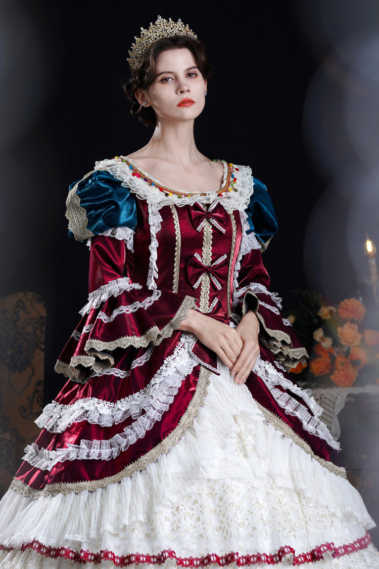 Wine/ivory Round Collar Long Hime Sleeves Triple-layered Ruffled Open-front Bow Lace Classic Palace Lolita Victorian Dress