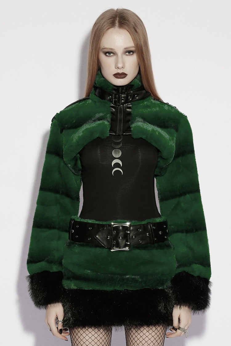 Green Stand Collar Long Sleeves Buckle Straps Faux Fur Punk Short Cloak