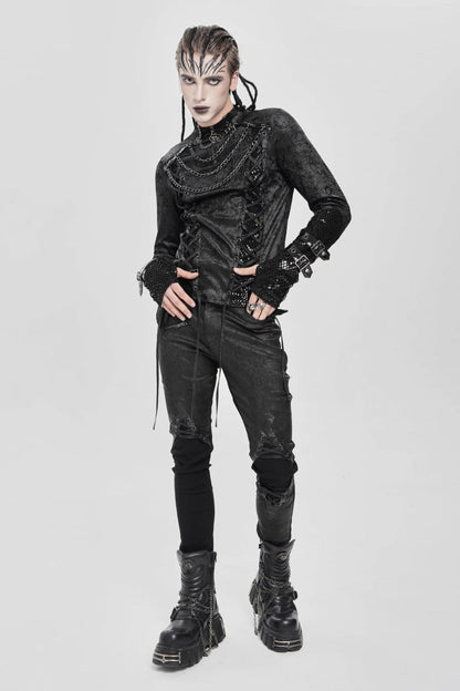 Black Stitching Lace-up Mesh Chain Punk Blouse