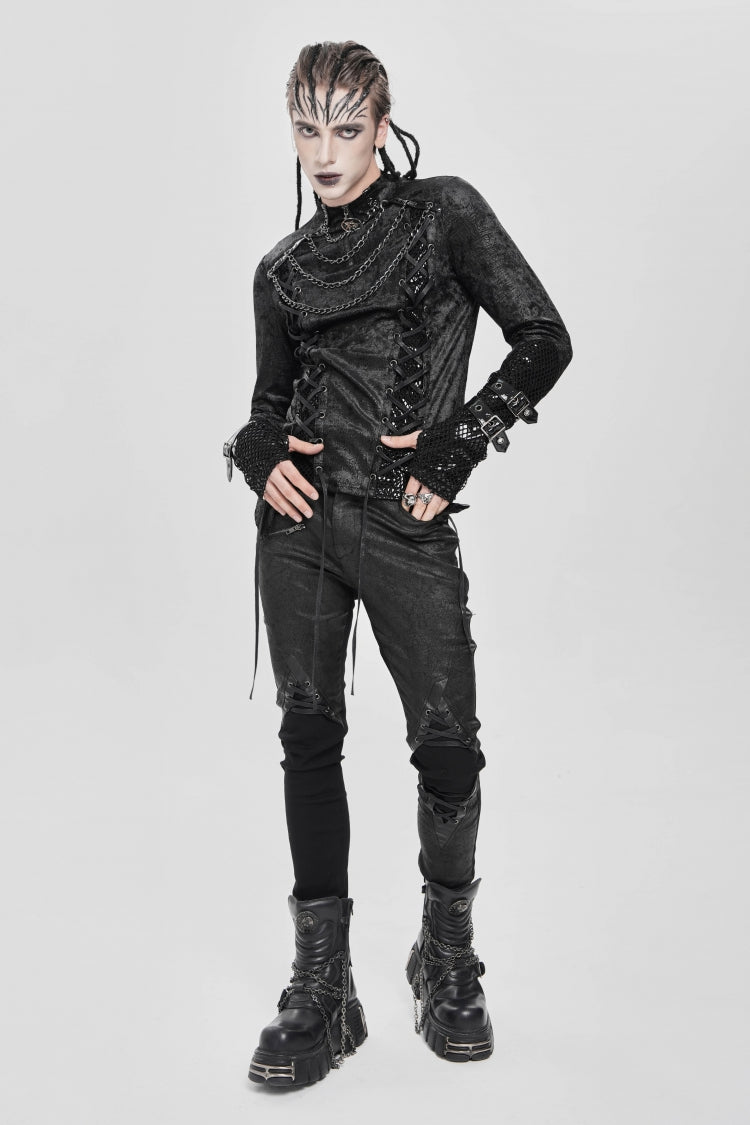 Black Stitching Lace-up Mesh Chain Punk Blouse