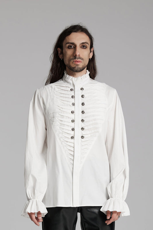 White Stand Collar Beast Buckle Long Sleeves Ruffle Gothic Blouse