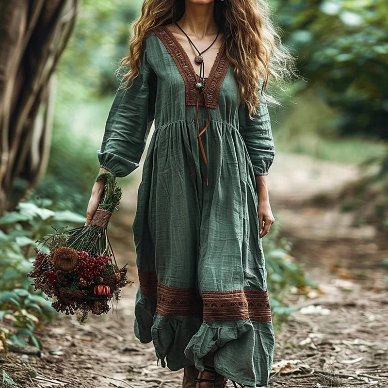 Women's Boho Linen Blend Ethnic Midi Dress elevenforest