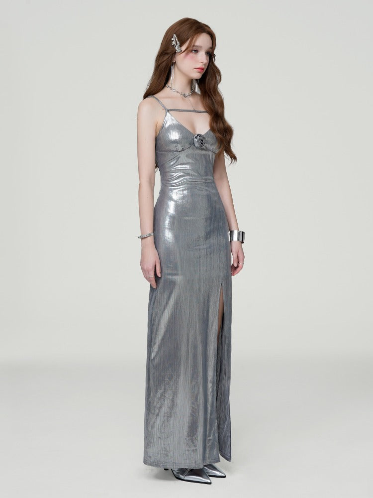 Cool Spicy Silver Slit Suspender High-end Dress