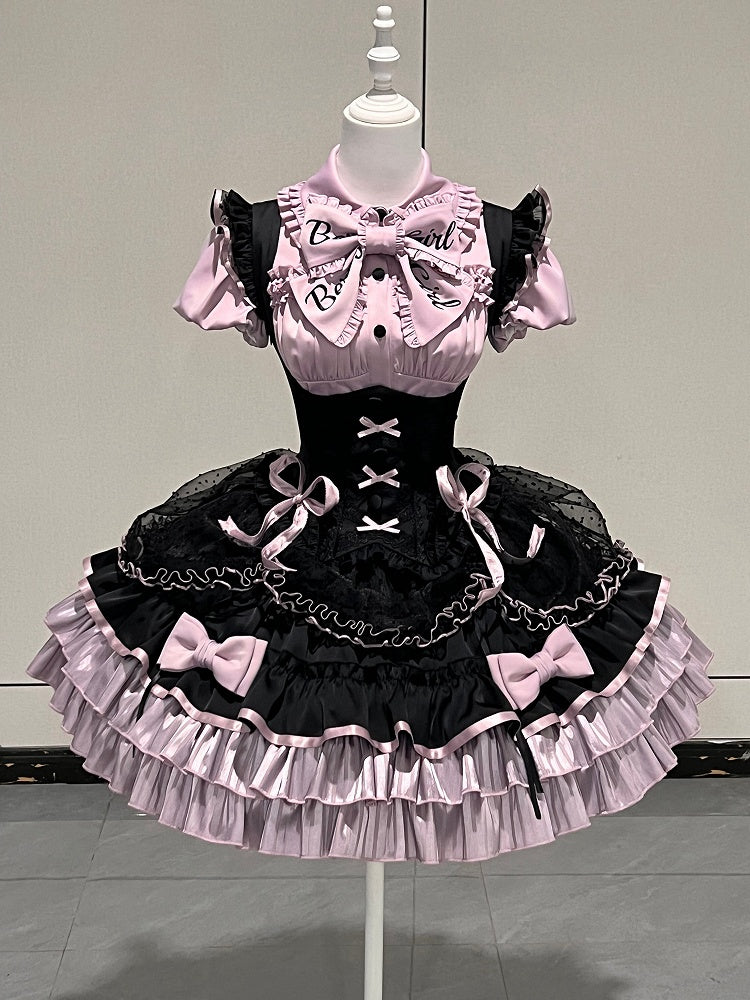 [order Deadline: May 12] Black Purple Lolita Idol Ribbon Puff Sleeve Shirt + Corset Tulle Pull-up Jks Dress Set
