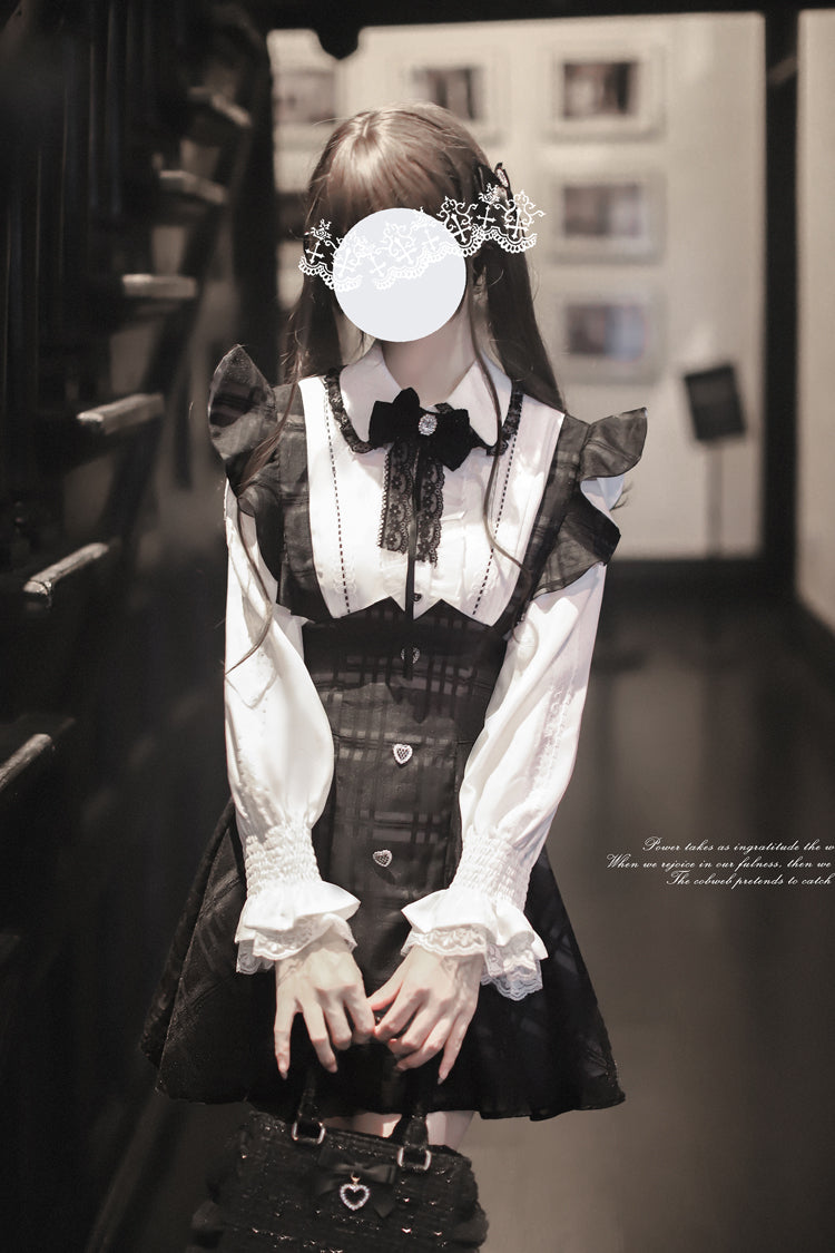 Black Plaid Print Classic College Style Lolita Strap Short Dress