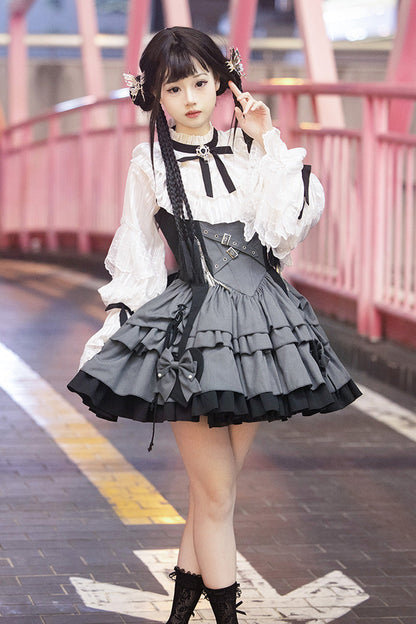 Black/grey [machinist] Sleeveless Multi-layered Ruffle Bowknot Classic College Style Lolita Dress
