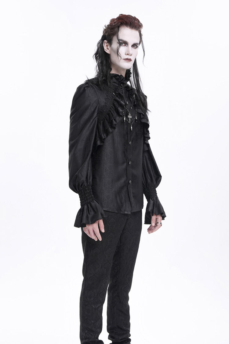 Black Stand Collar Long Sleeves Ruffle Lace Cross Gothic Blouse