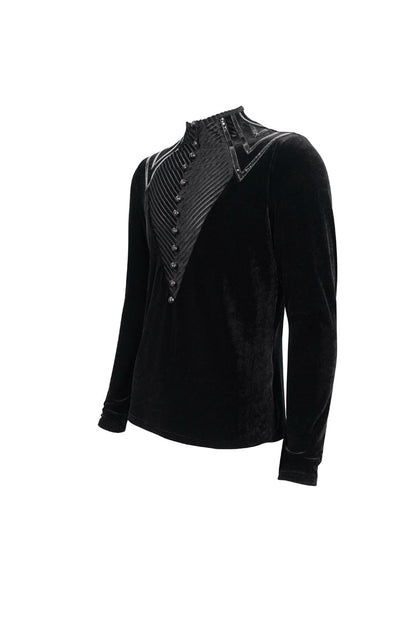 Black Round Collar Long Sleeves Stripes Splice Velvet Gothic Shirt