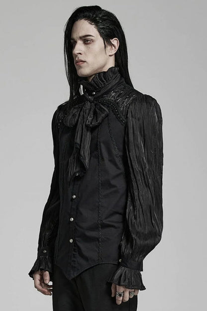 Black Stand Collar Ruched Stitching Lace Gothic Blouse With Scarf