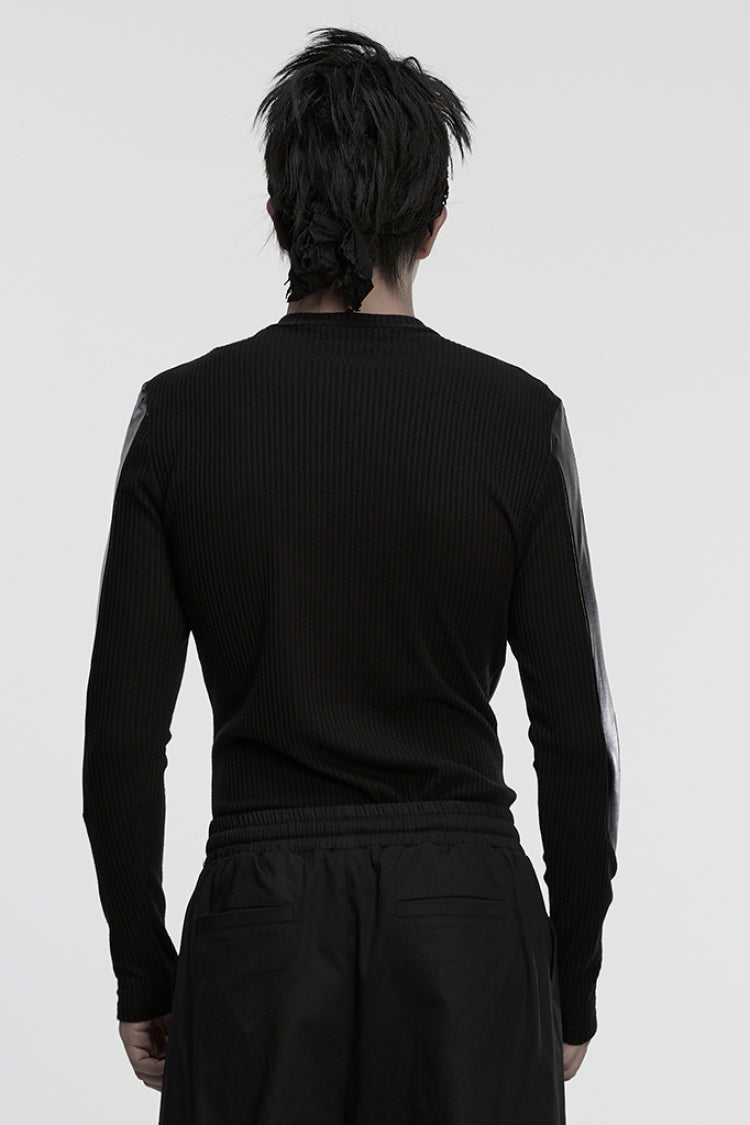 Black Round Collar Long Sleeves Spliced Eyelet Punk T-shirt