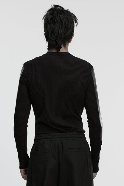 Black Round Collar Long Sleeves Spliced Eyelet Punk T-shirt