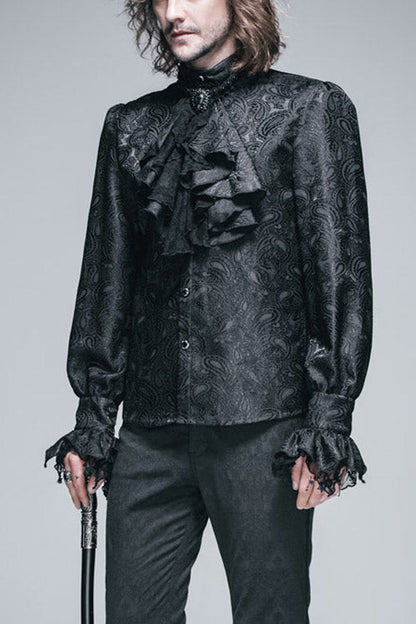 Black Shining Rose Print Lace Cuff Gothic Blouse
