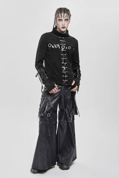 Black Stand Collar Long Sleeves Faux Leather Stitching Chain Eyelet Punk Blouse