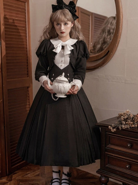 Lantern Sleeve Ruffle Short Jacket With Ribbon + Back Ribbon Suspender Dress