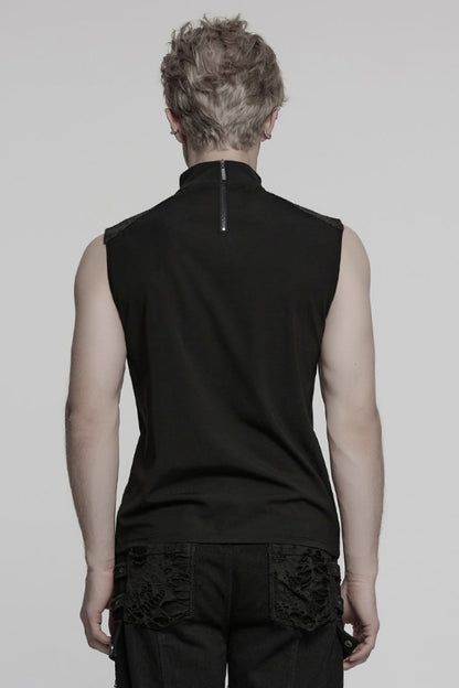 Black Sleeveless Stitching Mesh Eyelet Straps Punk Vest