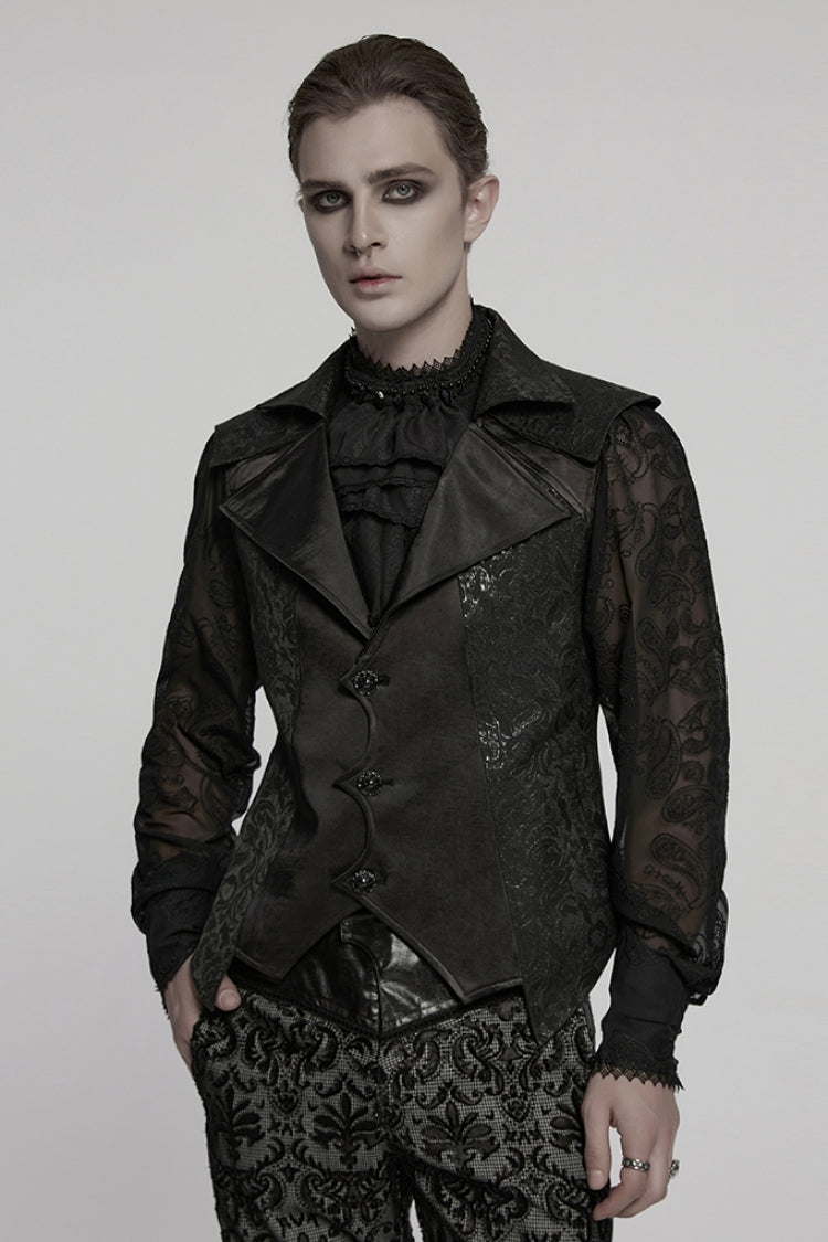 Black Lapel V Collar Long Sleeves Embroidery Gothic Vest