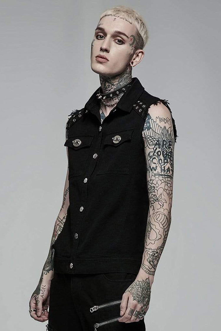Black Punk Elastic Twill Fabric Featured Flap Pocket Metal Accessories Sleeveless Vest