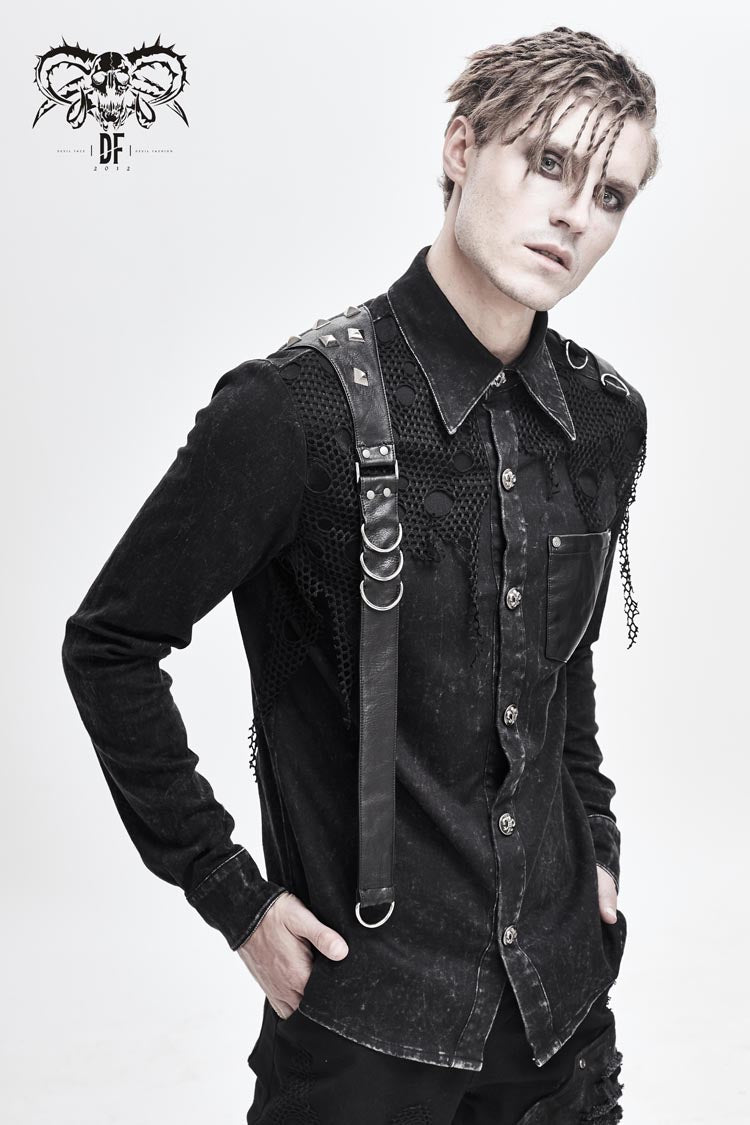 Black Asymmetric Left Shoulder Loop Mesh Rivet Snap Button Punk Shirt