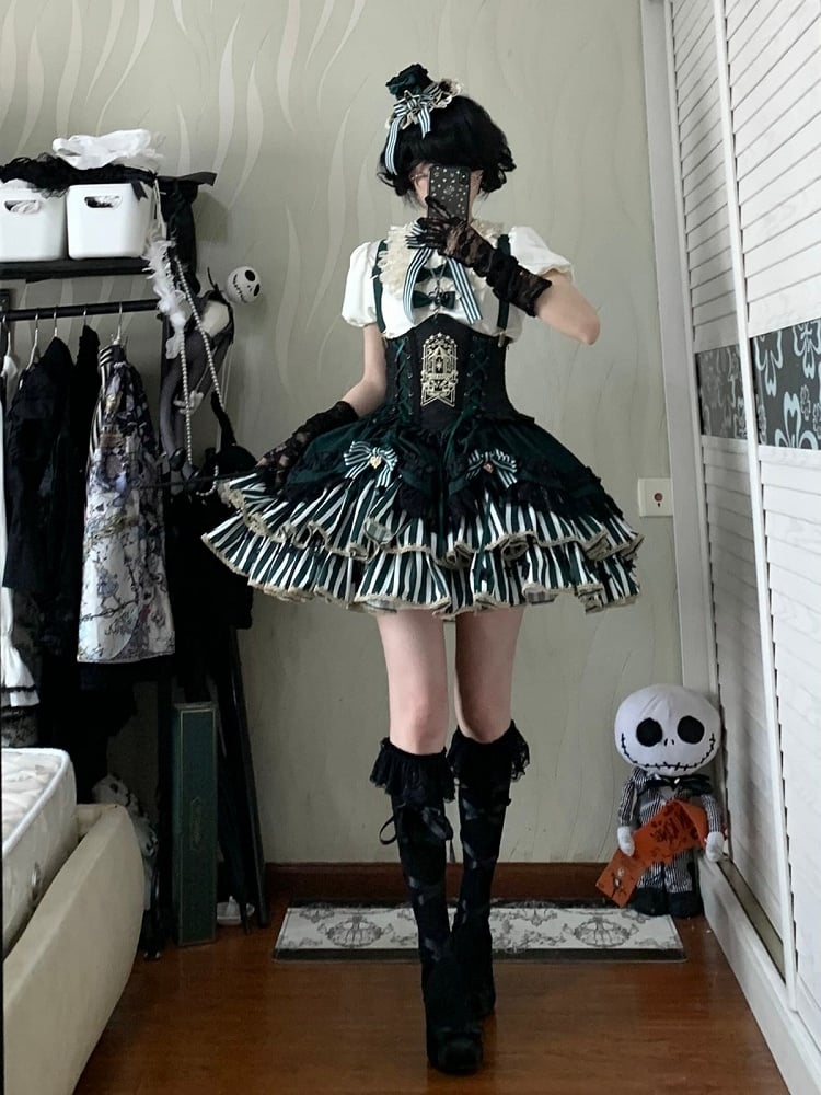 [pre-order Deadline: May 20] Magical Girl Lolita Lace Puff Sleeve Shirt + Black X Green Ribbon Corset Tiered Dress + Mini Hat