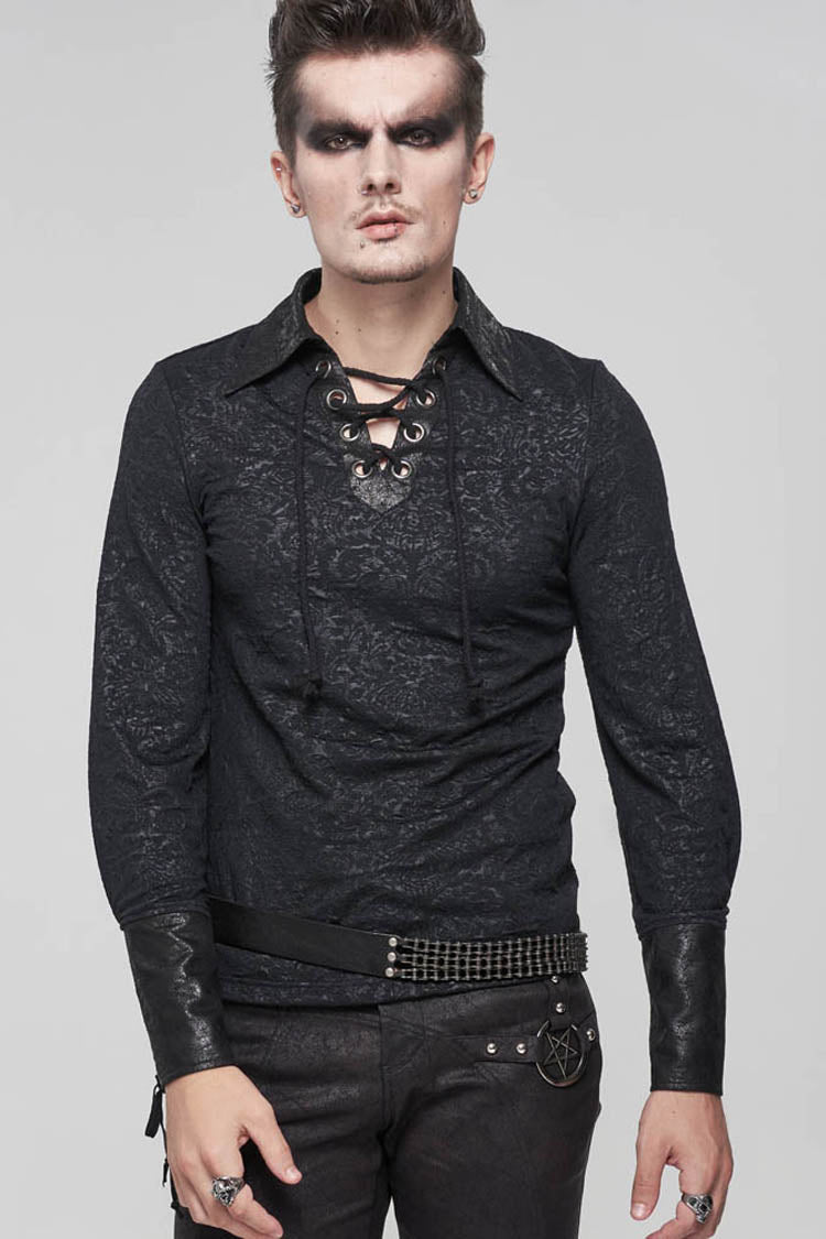 Black Gothic Pattern Decoration Tie Rope Design Knitted Elasticity Pullover Shirt