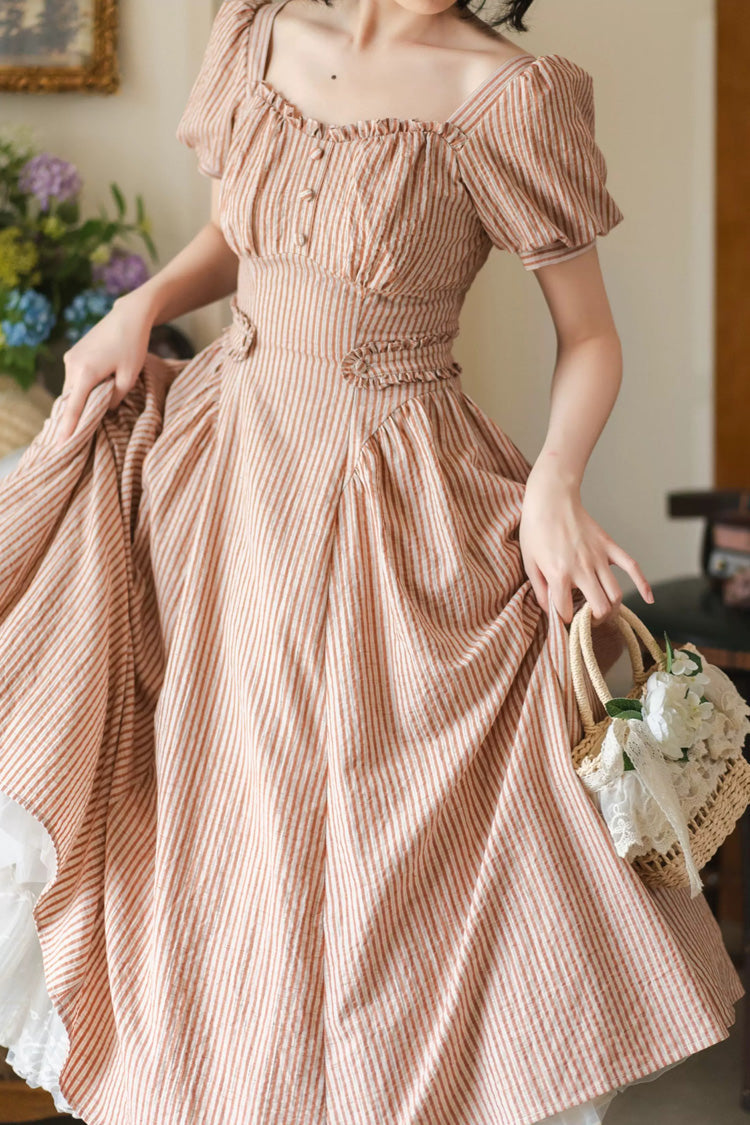 Red [chantilly Forest] Square Collar Short Sleeves Striped Printed Ruffled Classic Lolita Dress