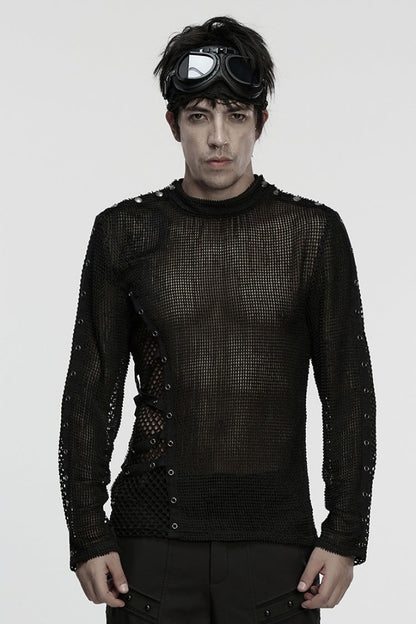 Black Long Sleeves Mesh Eyelet Punk T-shirt