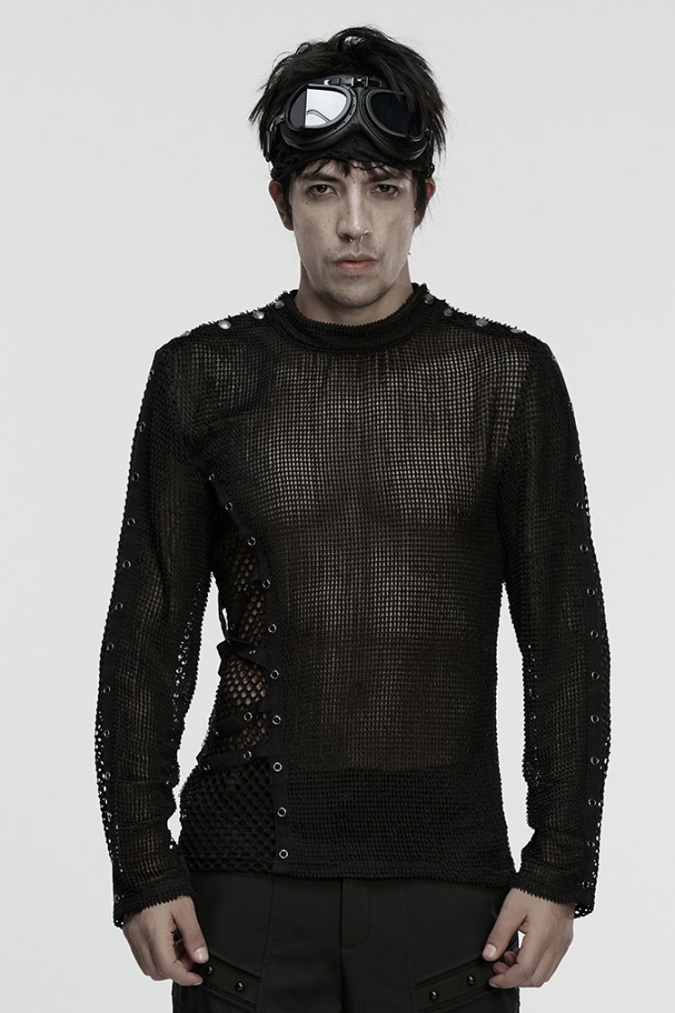 Black Long Sleeves Mesh Eyelet Punk T-shirt