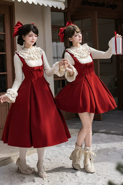 Red [letters and Poems · Velvet Rose] Sleeveless Embroidered Bow Fishbone Classic Lolita Bandeau Dress 2 Versions