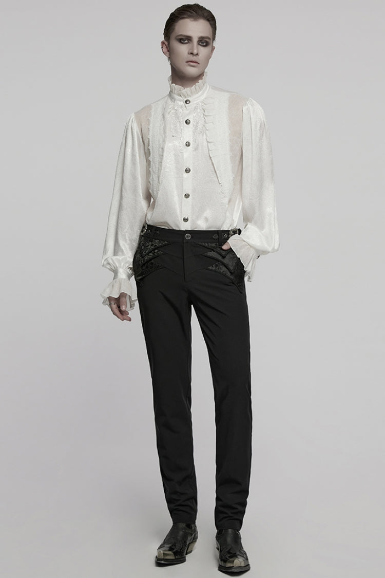 White Stand Collar Long Puff Sleeves Jacquard Ruffle Embroidery Gothic Blouse