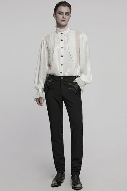 White Stand Collar Long Puff Sleeves Jacquard Ruffle Embroidery Gothic Blouse