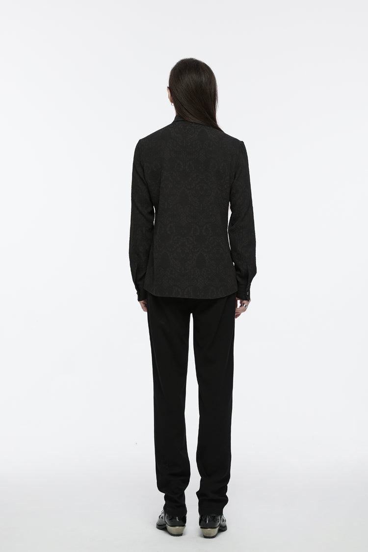 Black Lapel Collar Long Sleeves Jacquard Print Drawstring Lace-up Gothic Blouse