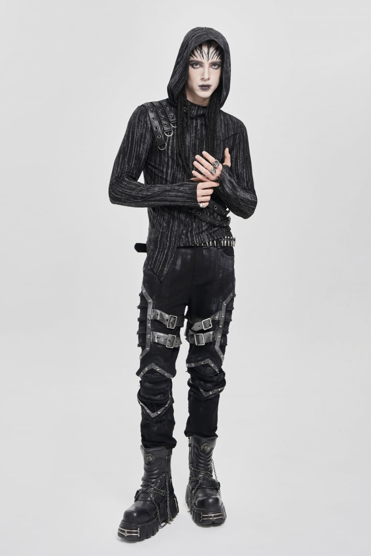 Black Long Sleeves Irregular Hooded Straps Eyelet Punk Blouse