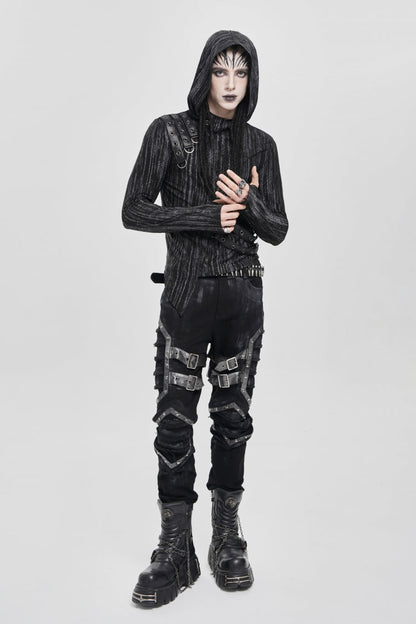 Black Long Sleeves Irregular Hooded Straps Eyelet Punk Blouse