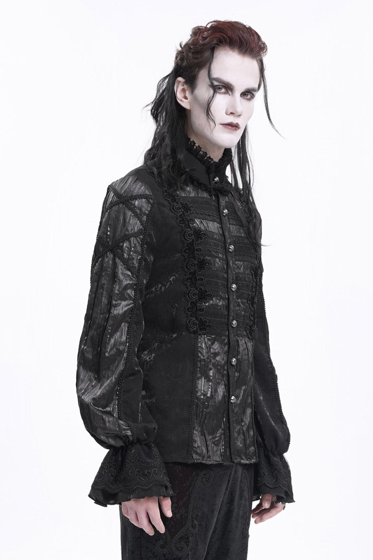 Black Stand Collar Long Sleeves Pleated Lace Crochet Gothic Blouse