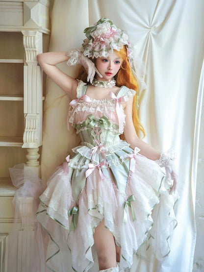 [pre-order Deadline: May 8] Pink X Green/blue X Yellow Fairy Princess Lolita Tulle Lace Bow Layered Dress