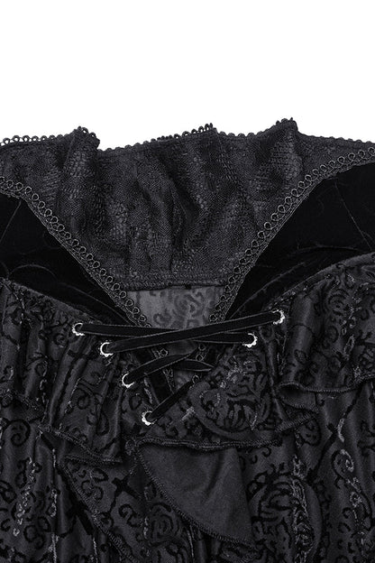 Black Stand Collar Long Sleeves Print Ruffle Gothic Blouse
