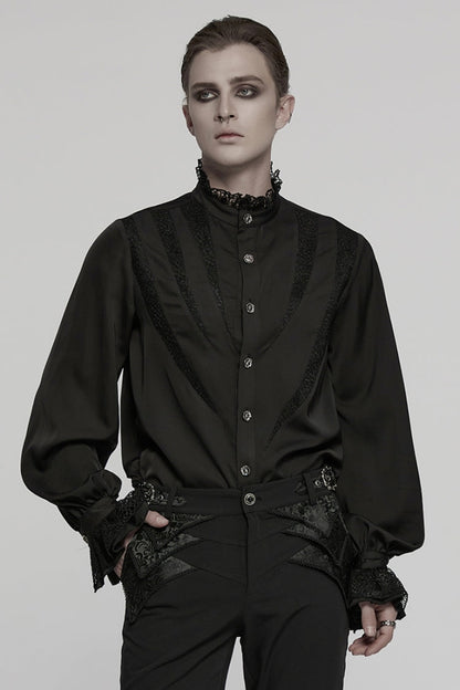 Black Stand Collar Long Puff Sleeves Stitching Lace Gothic Blouse