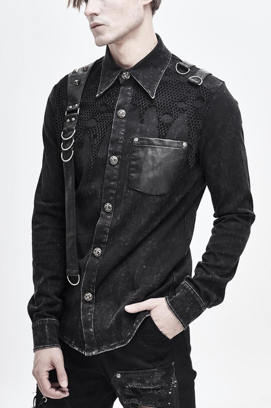 Black Asymmetric Left Shoulder Loop Mesh Rivet Snap Button Punk Shirt