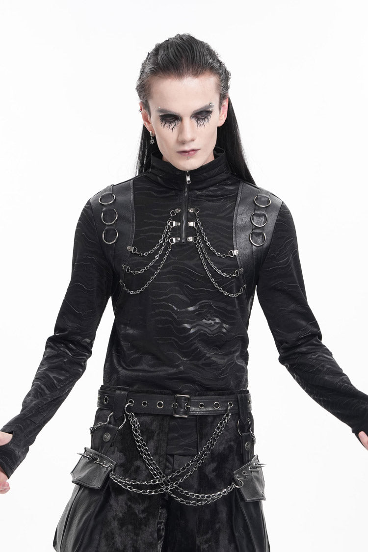 Black Chain Rings Stand Collar Long Sleeves Gothic T-shirt
