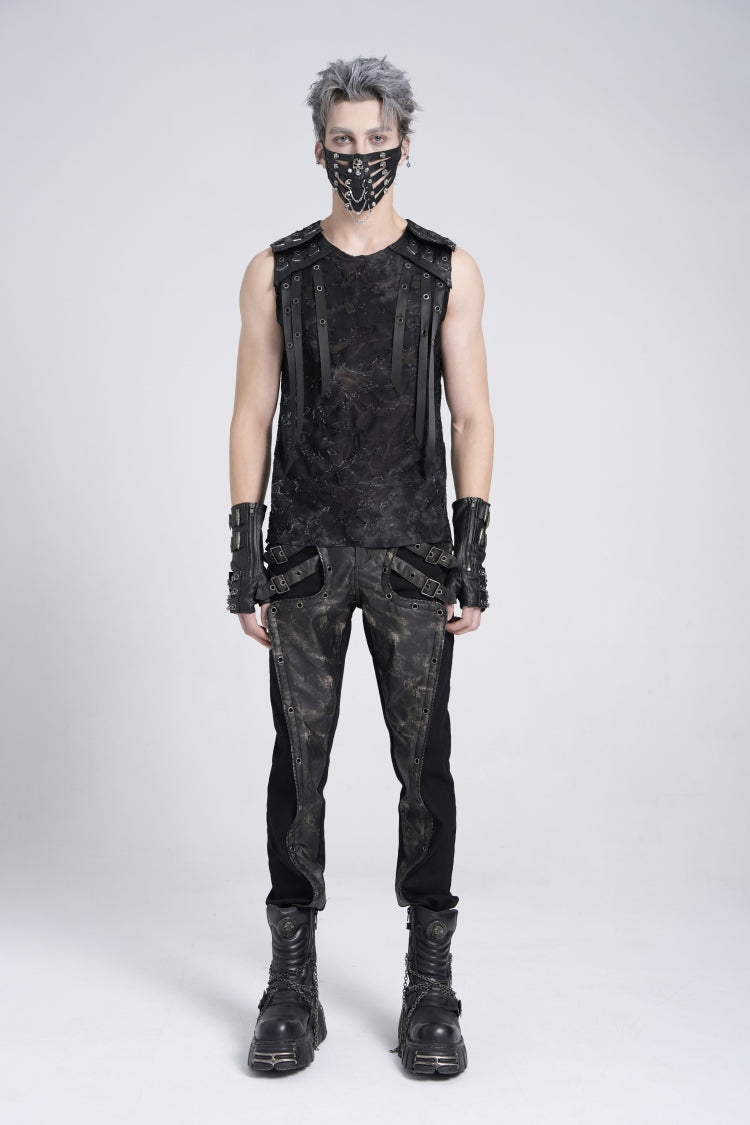 Black Sleeveless Eyelet Strap Distressed Gothic Vest