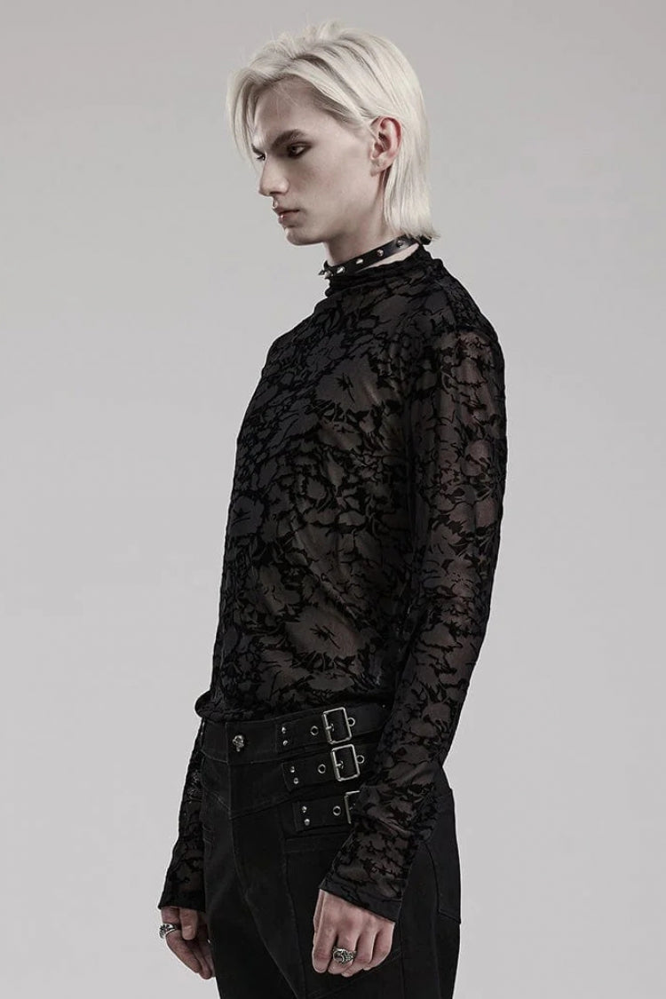 Black Long Sleeves Print Sheer Mesh Gothic T-shirt