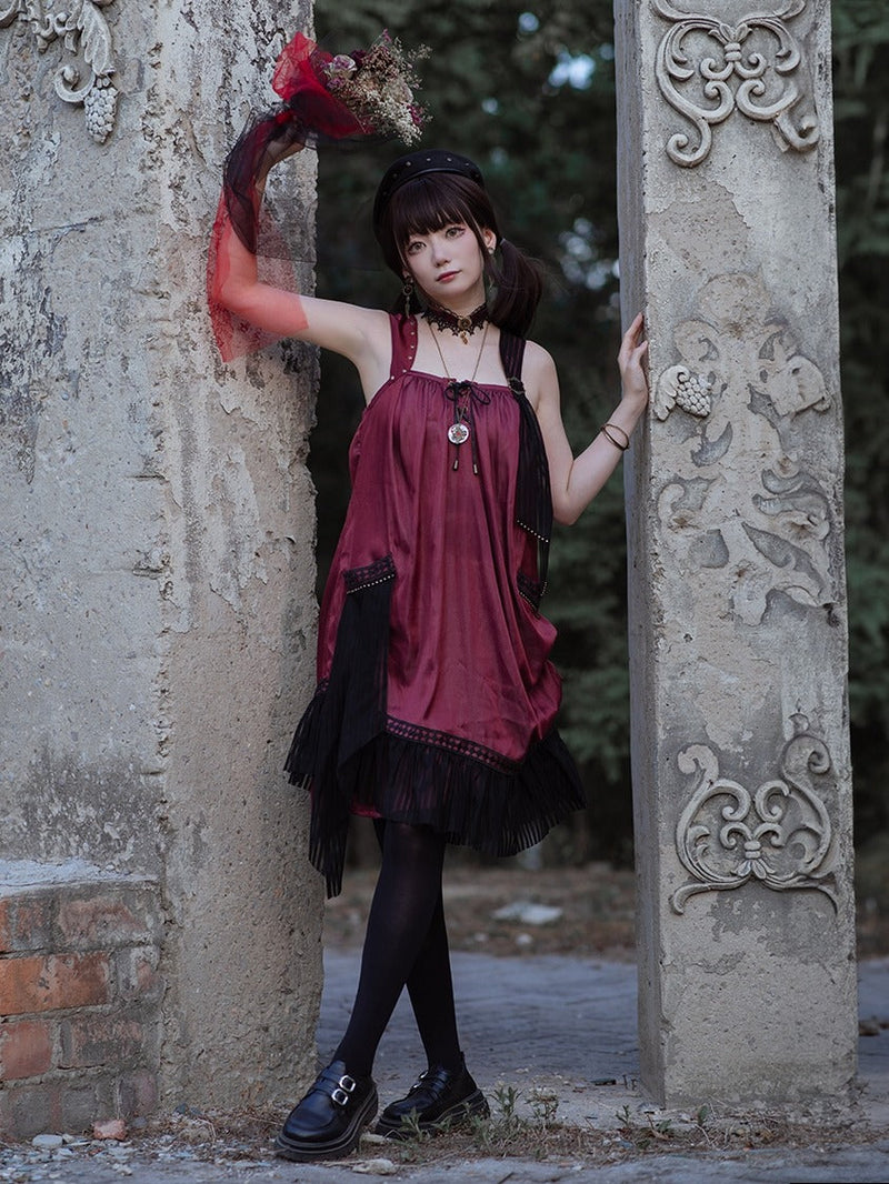 [pre-order] Wine Red Shoulder Strap Light Gothic Doll Asymmetric Dress