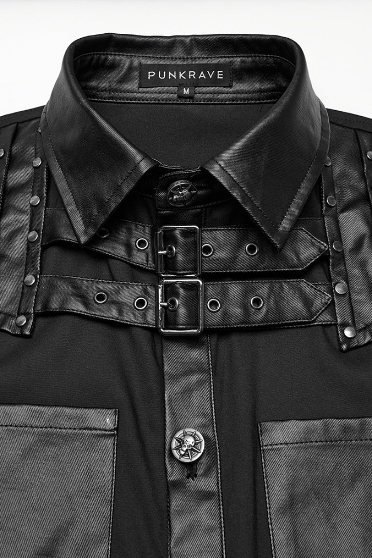 Black Lapel Collar Long Sleeves Faux Leather Stitching Buckle Punk Blouse