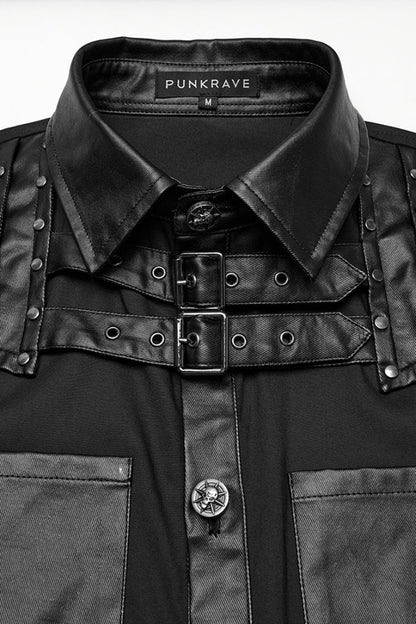 Black Lapel Collar Long Sleeves Faux Leather Stitching Buckle Punk Blouse